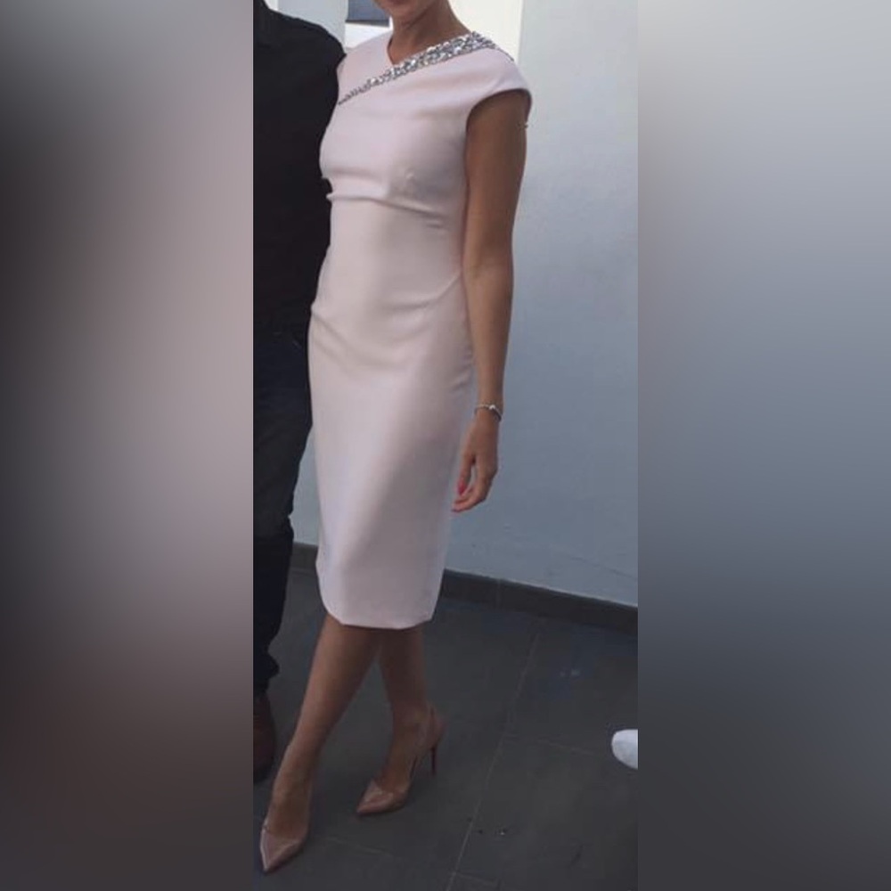 NWT Gorgeous London Times Blush Pink Embellished Neck Midi Sheath Dress size 14